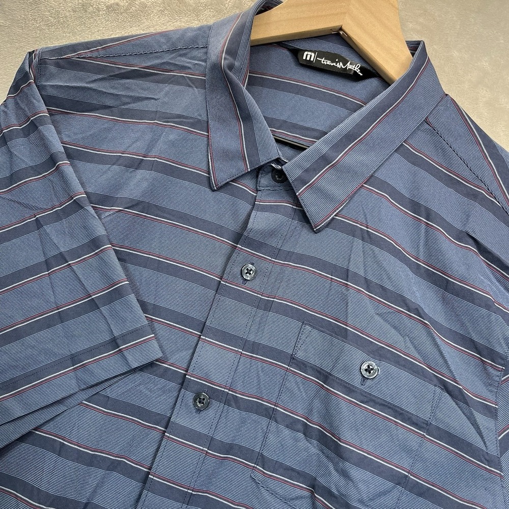 Travis Mathew Shirt Mens L Button Short Sleeve Stretch‎ Blue Stripe